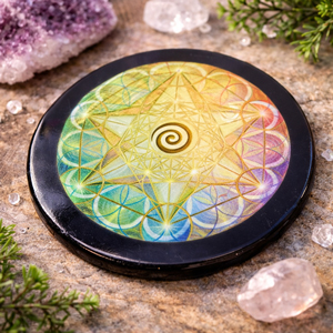 Svart agat med tryckt färgglad Metatrons kub design 